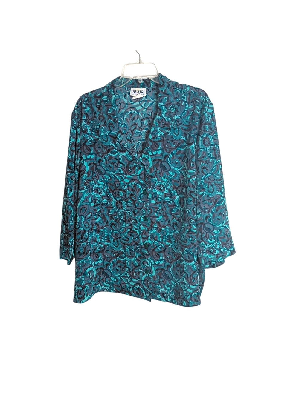 Blair - Teal & Gray Floral Button-Up Blouse - 2XL